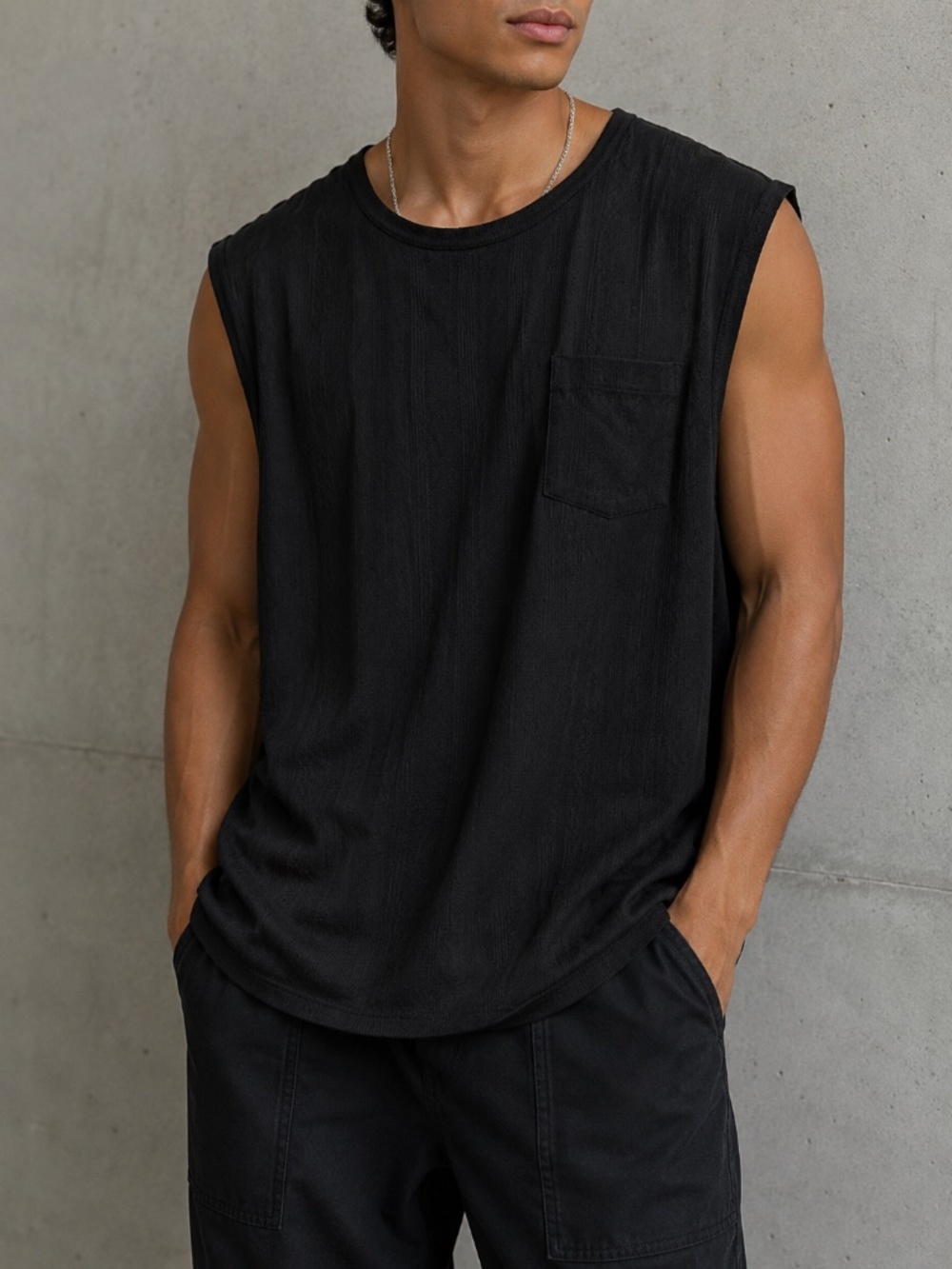 Men's Black Textured Sleeveless Knit Tank Top, Size XL